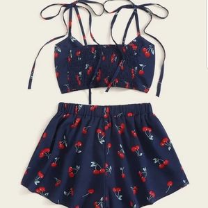Cherry print tie front shirred cami top with short